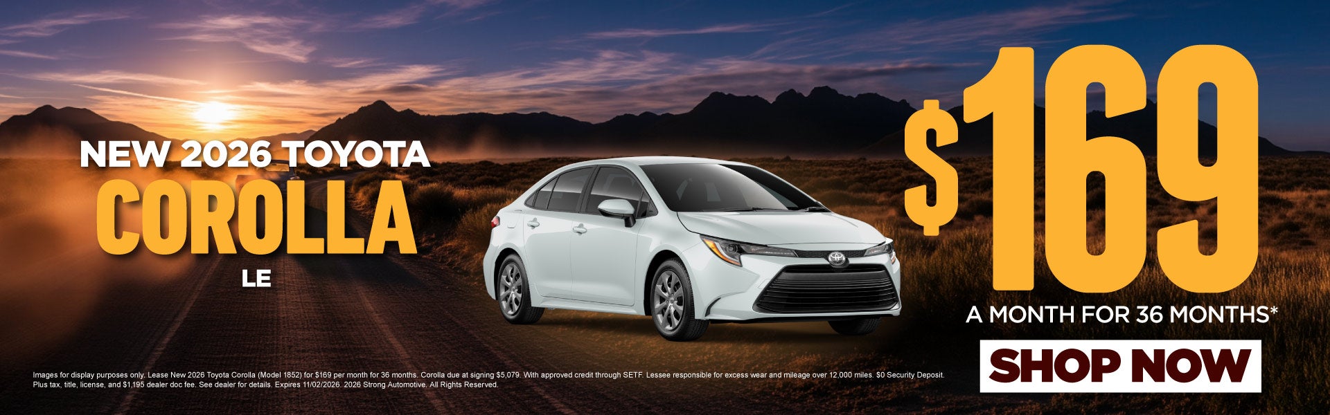 New 2026 Toyota Corolla LE	$169/mo for 36 months